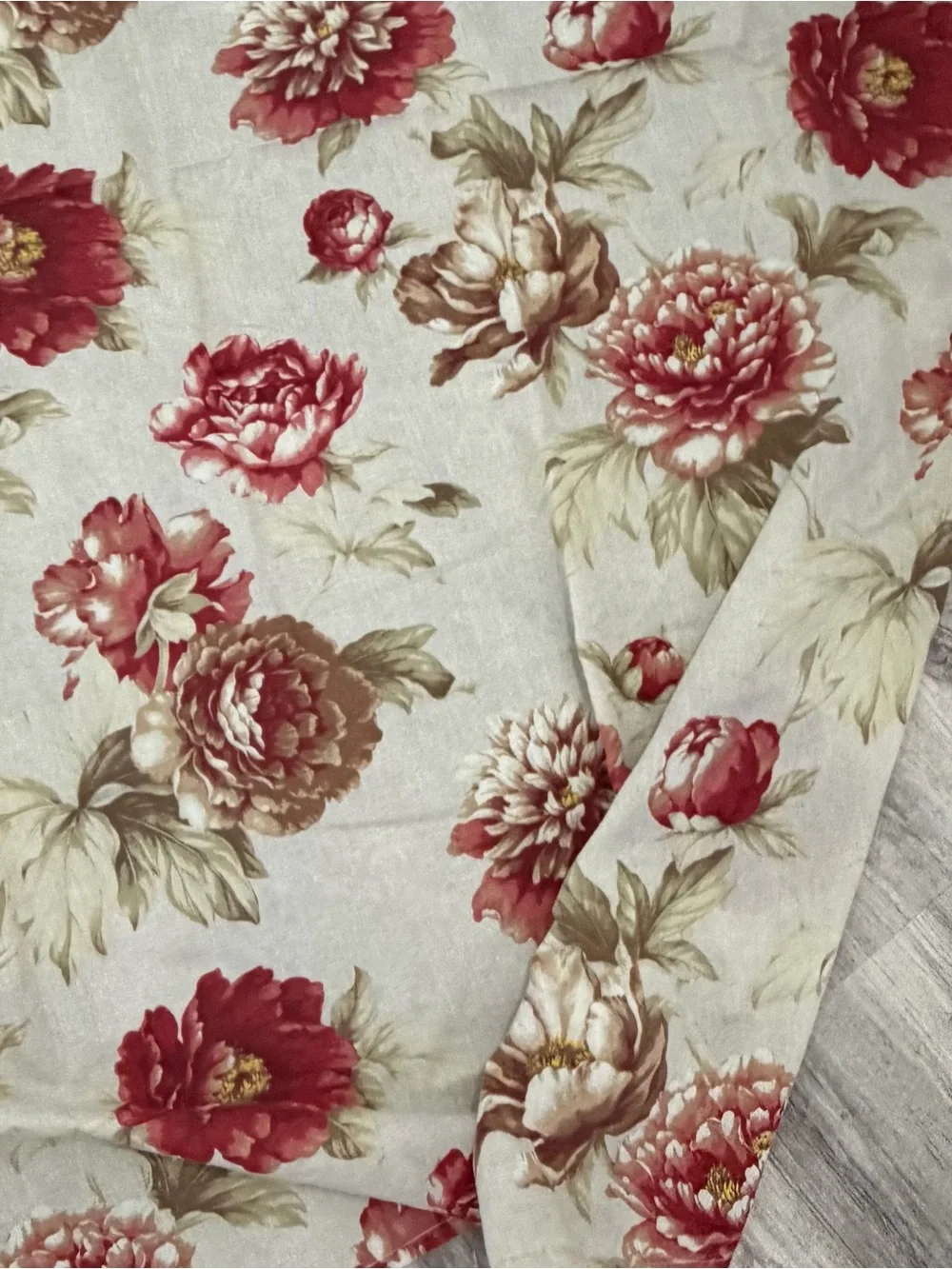 Vintage 90s Red Flower Floral Shower Curtain Beige cottage country farm